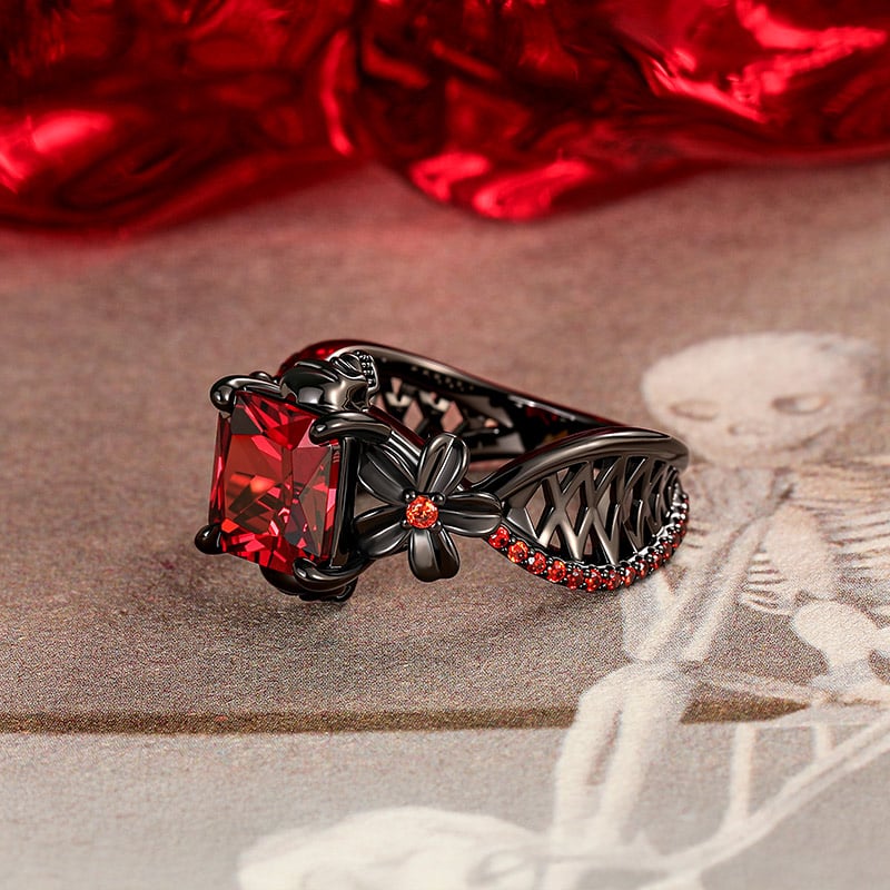 Jeulia Ruby Rings Jeulia Floral Radiant Ruby Gothic Black Skull Ring Hollow Shank ...