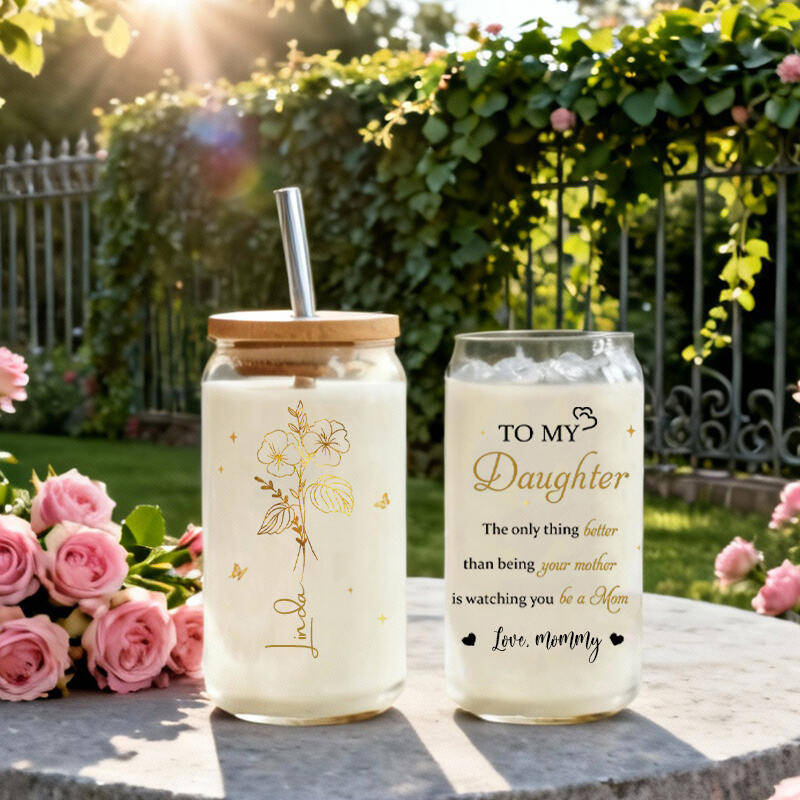 Personalized Name Glass Cup with Lid And Straw And Custom Birthflower Beautiful Present for Daughter