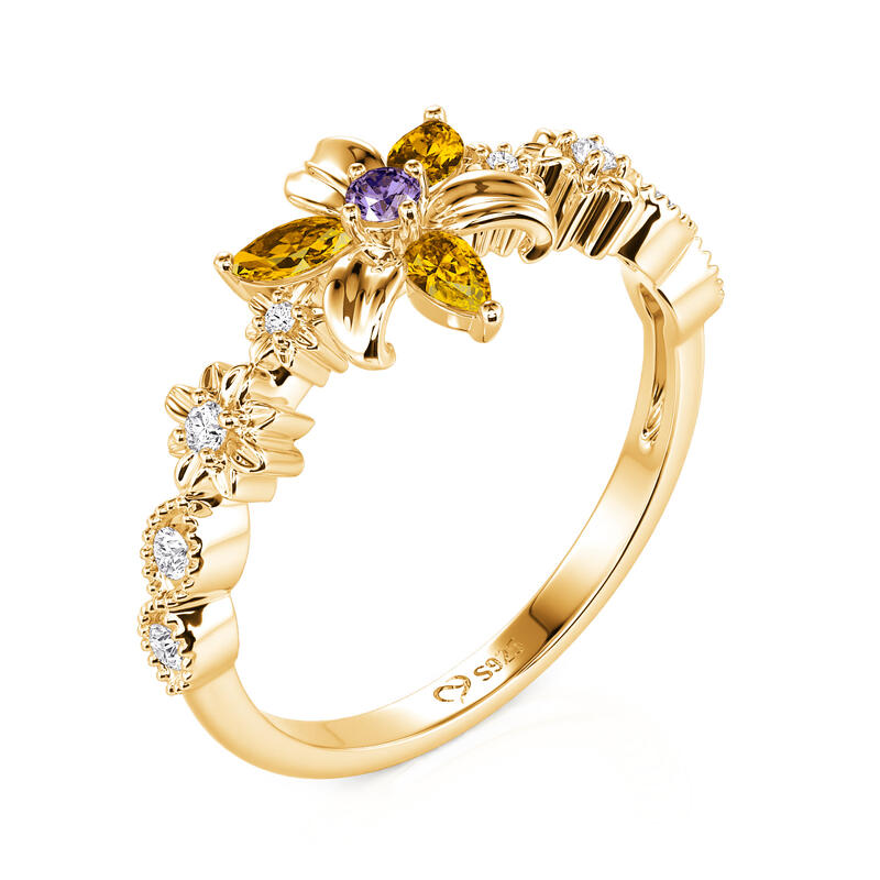 Jeulia Golden Flower Ring with Round Cut Purple Stone