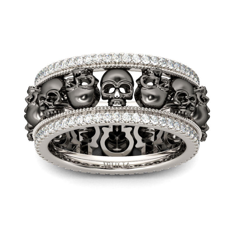 Jeulia Anillo de calavera negra con halo de plata para mujer
