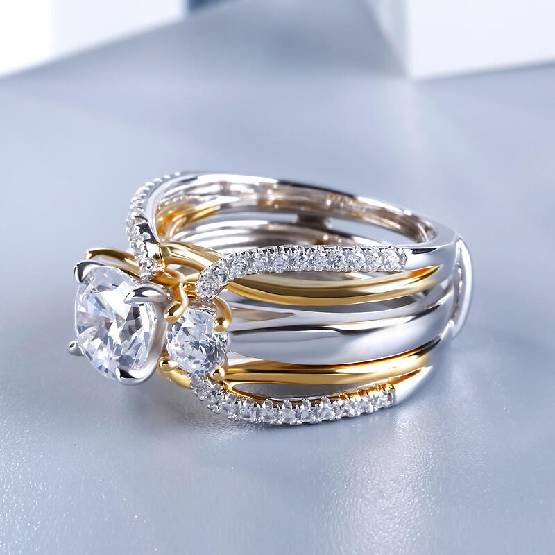 Jeulia Two Tone Three Stone Round Cut Sterling Silver Ring Set