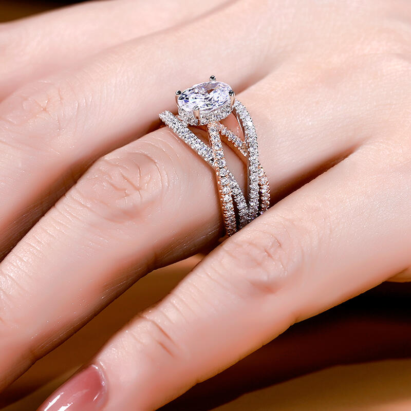 Jeulia Two Tone Twist Oval Cut Sterling Silver Ring