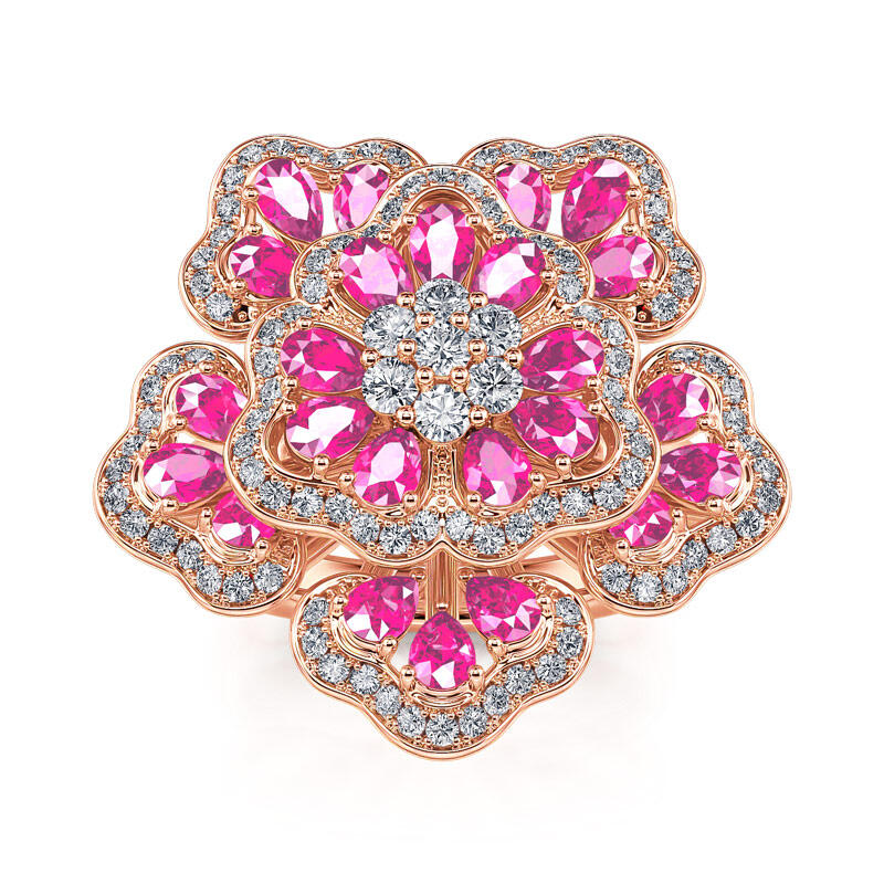 Jeulia Anillo grande mujer de plata de ley en tono oro rosa en flor
