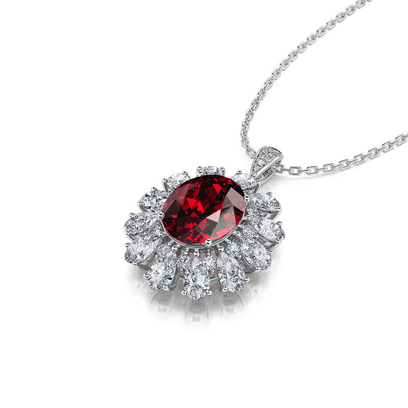 Jeulia "Burning Red" Luxury Halo Oval Cut Sterling Silver Necklace