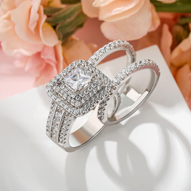 Jeulia Three Halo Princess Cut Sterling Silver Enhancer Ring Set