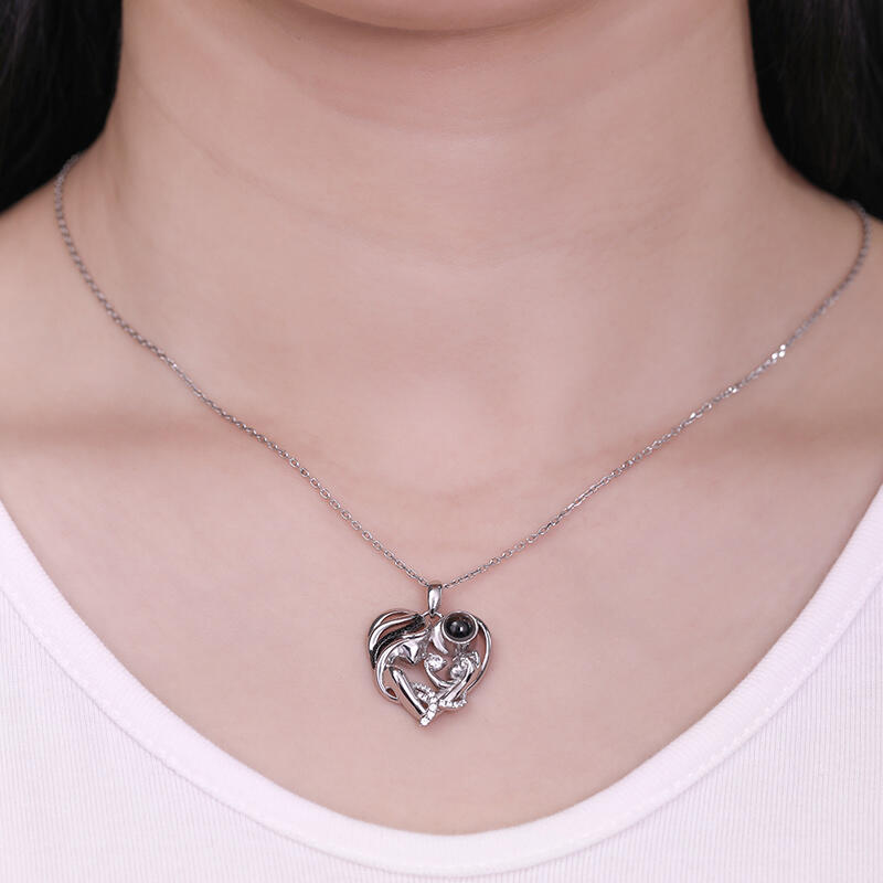 Jeulia "Warmest Protection" Mom & Baby Heart Personalized Photo Projection Sterling Silver Necklace