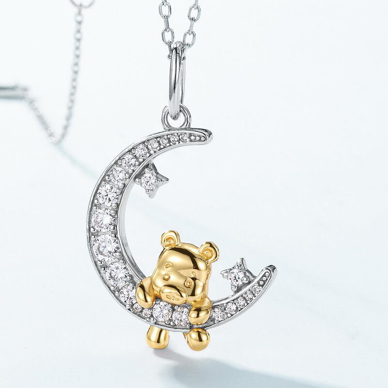 Jeulia Collar con Oso de Dibujos Animados Luna y Estrella en Plata