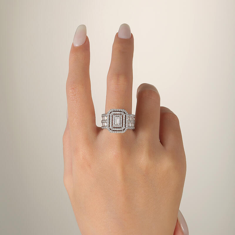 Jeulia Vintage Radiant Multilevel Halo Engagement Ring Sterling Silver