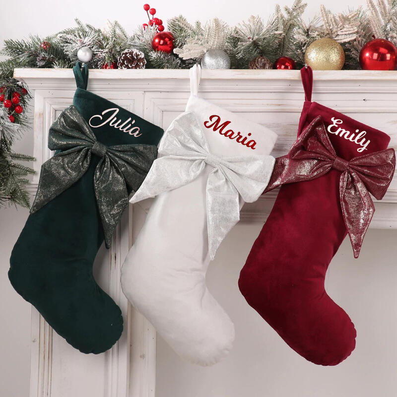 Personalized Christmas Socks with Embroidered Name and Bow Gift for Family