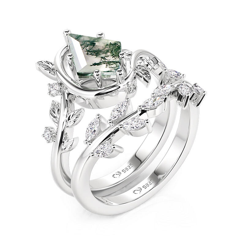 Jeulia Blatt Deltaschliff Moosachat Ring Set aus Sterling Silber