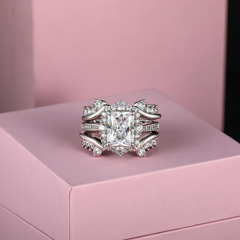 Jeulia Vintage Radiant Cut Halo Bridal Set Sterling Silver