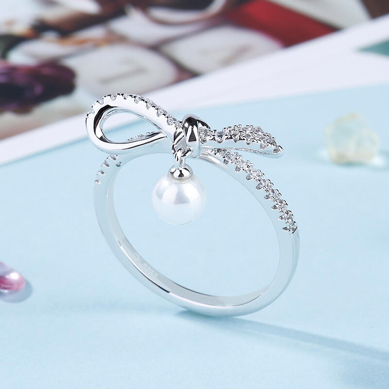 Jeulia Bowknot Cultured Pearl Sterling Silver Ring