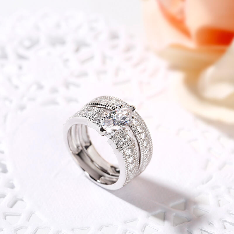 Jeulia Art Deco Milgrain Marquise Cut Sterling Silver Ring Set