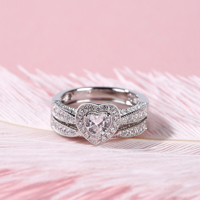Jeulia Halo Heart Cut Sterling Silver Ring Set