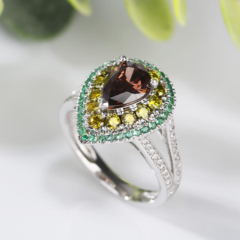 Jeulia Avocado Design Double Halo Pear Cut Sterling Silver Ring