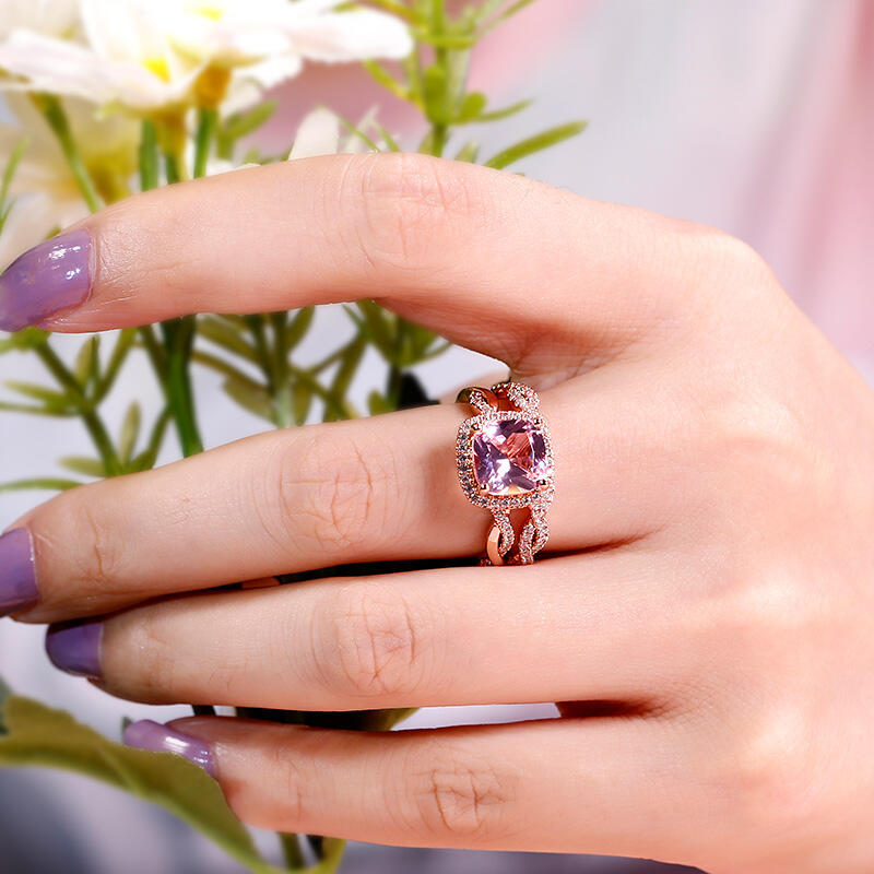 Jeulia Twist Halo Cushion Cut Synthetic Morganite Sterling Silver Ring Set