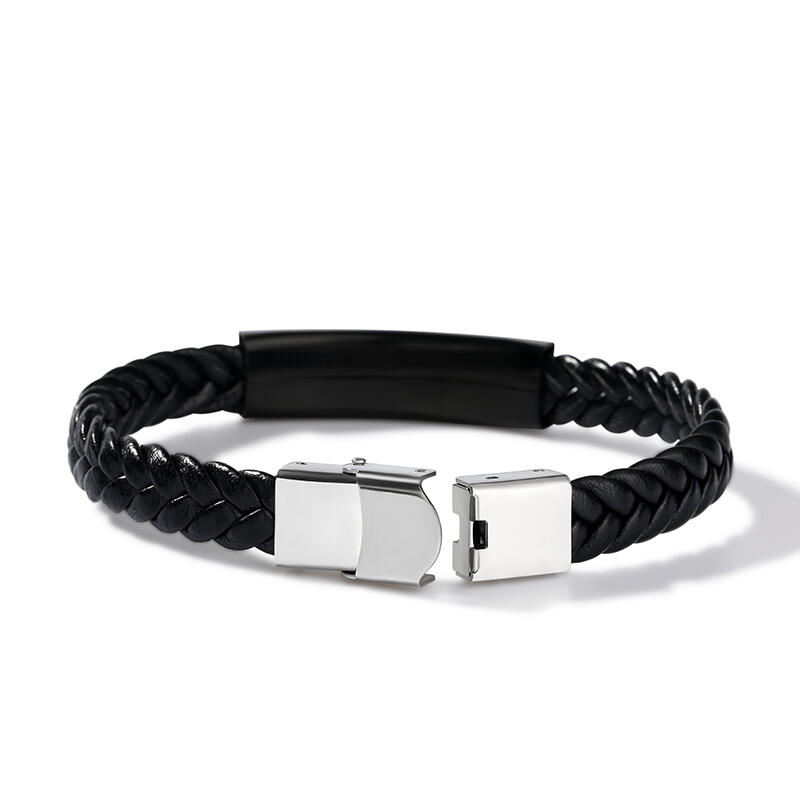 Jeulia Rhinestone Stainless Steel Leather Men's Bracelet