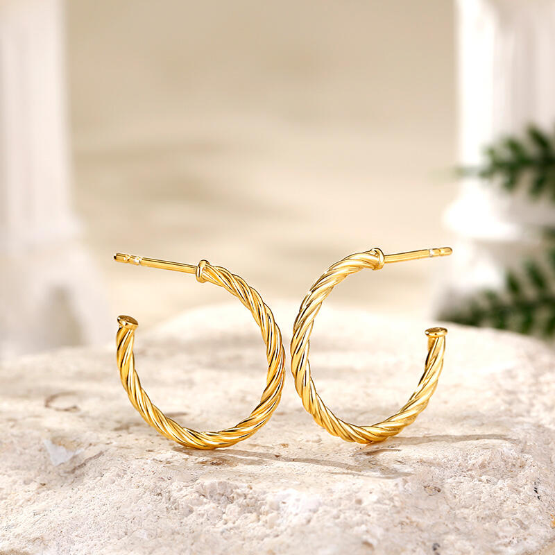 Jeulia Gold Tone Twisted Rope Sterling Silver Hoop Earrings