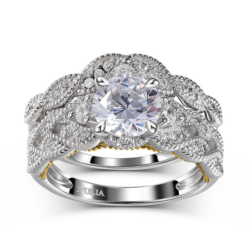 Jeulia Vintage Milgrain Round Cut Sterling Silver Ring Set