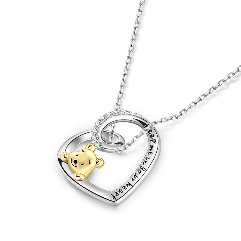 Jeulia Heart Design Cartoon Bear Sterling Silver Engraved Necklace