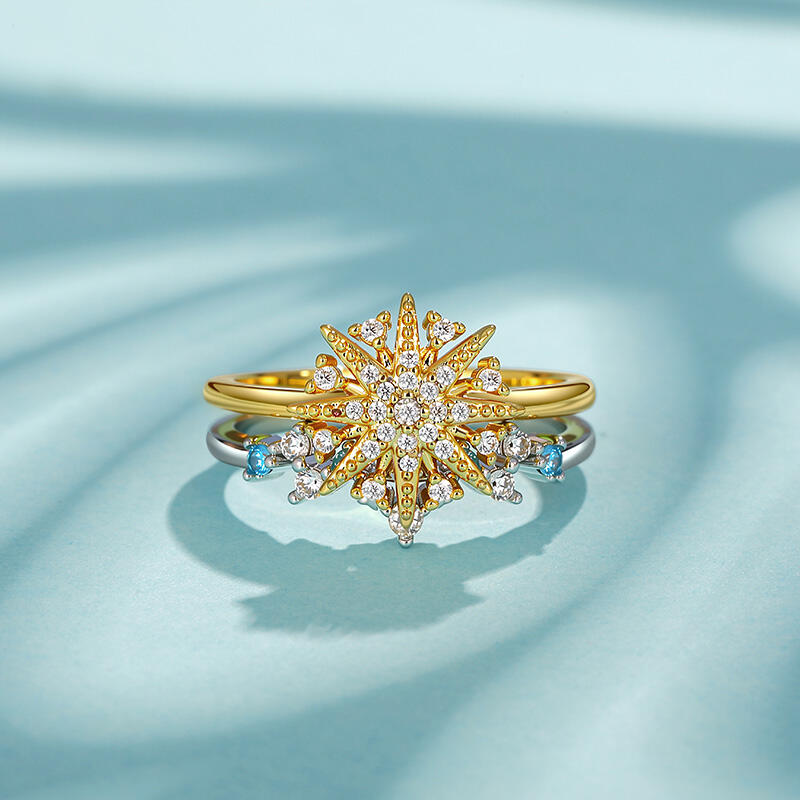 Jeulia Luna Astra Two Tone Starburst Puzzle Ring Set Sterling Silver