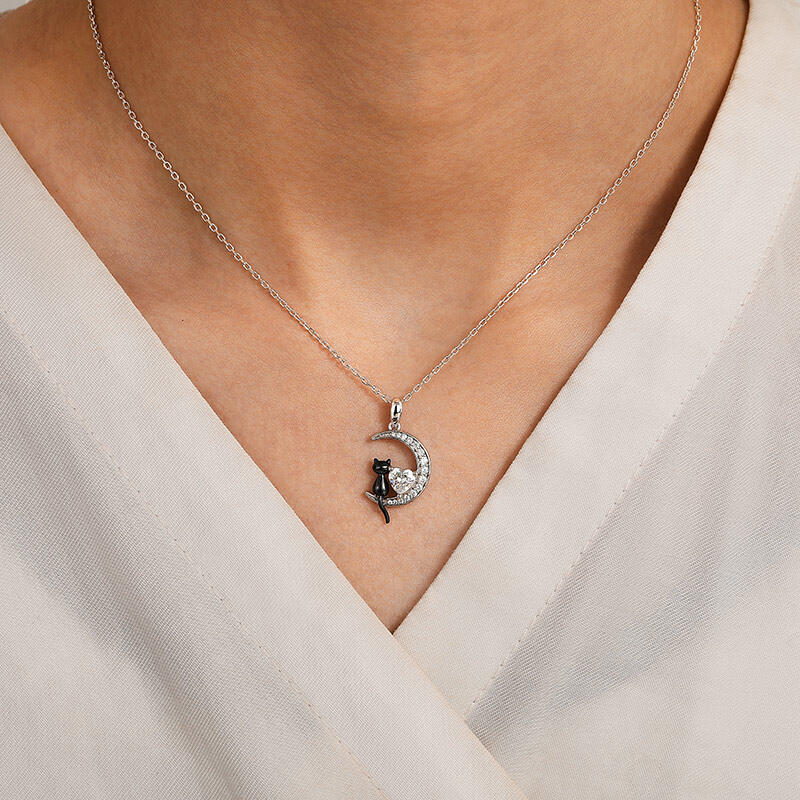 Jeulia Luna Astra Moissanite Heart Stone Black Cat Moon Necklace