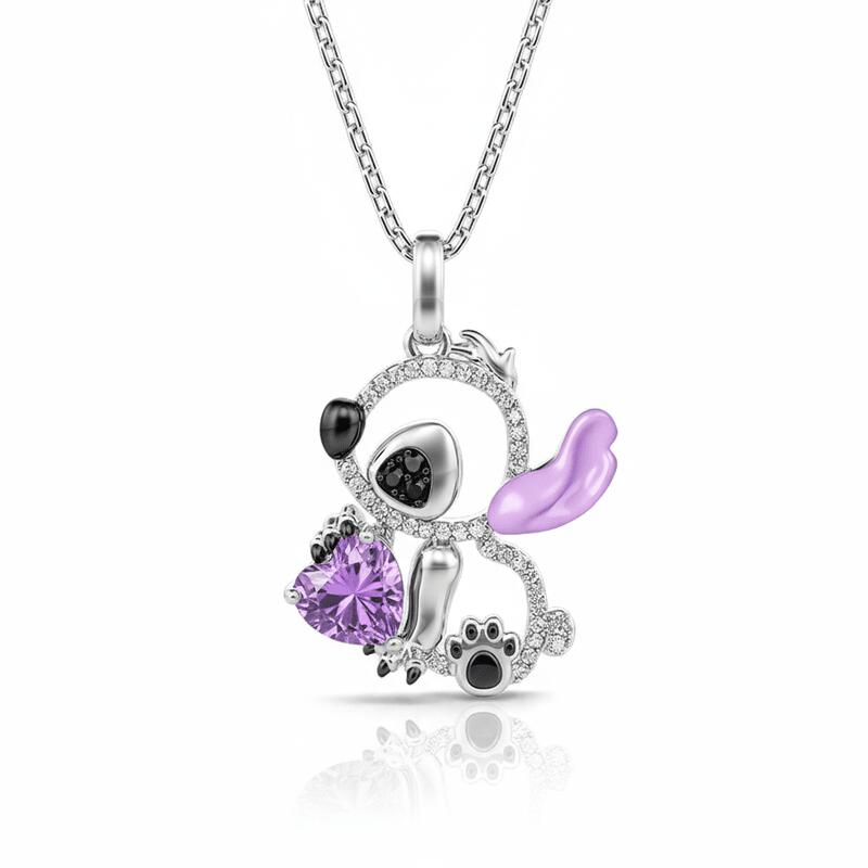 Jeulia Hug Me "Little Monster" Heart Cut Purple Ear Personalized Sterling Silver Necklace