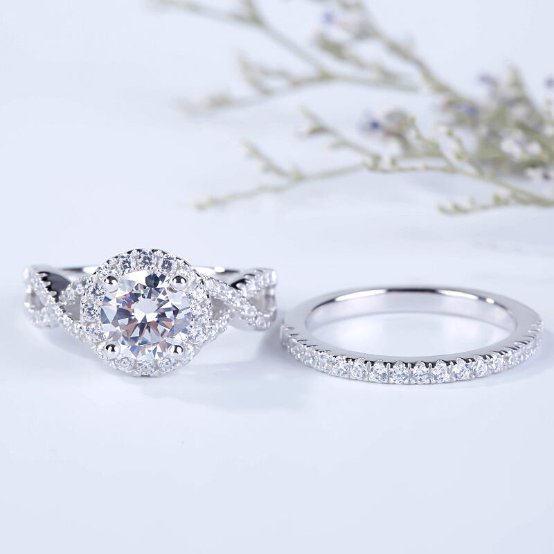 Jeulia Twist Halo Round Cut Sterling Silver Ring Set