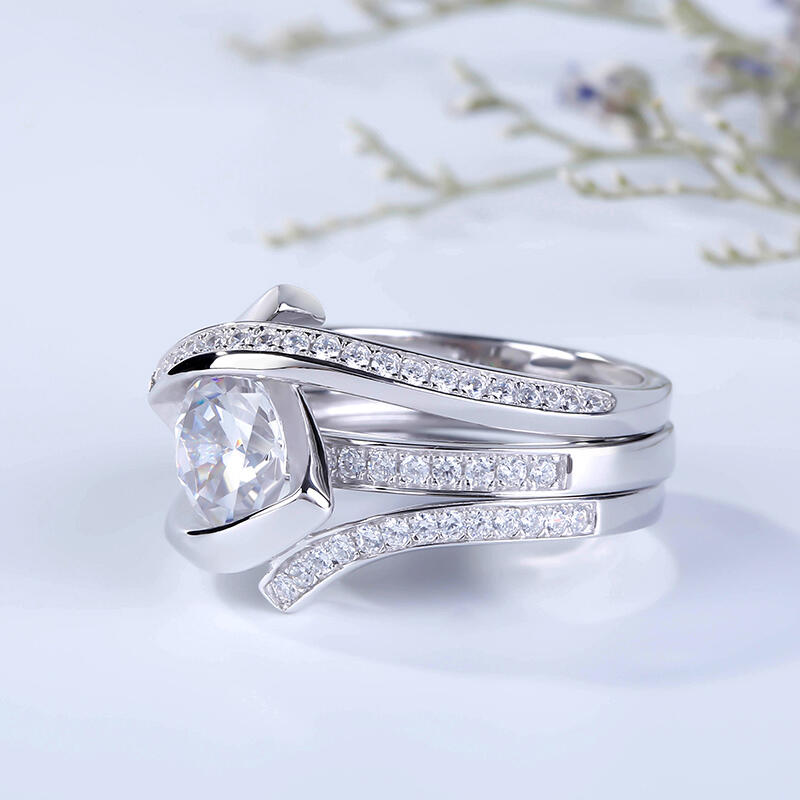 Jeulia Conjunto De Anillos De Rama De Talla Redonda En Plata De Ley