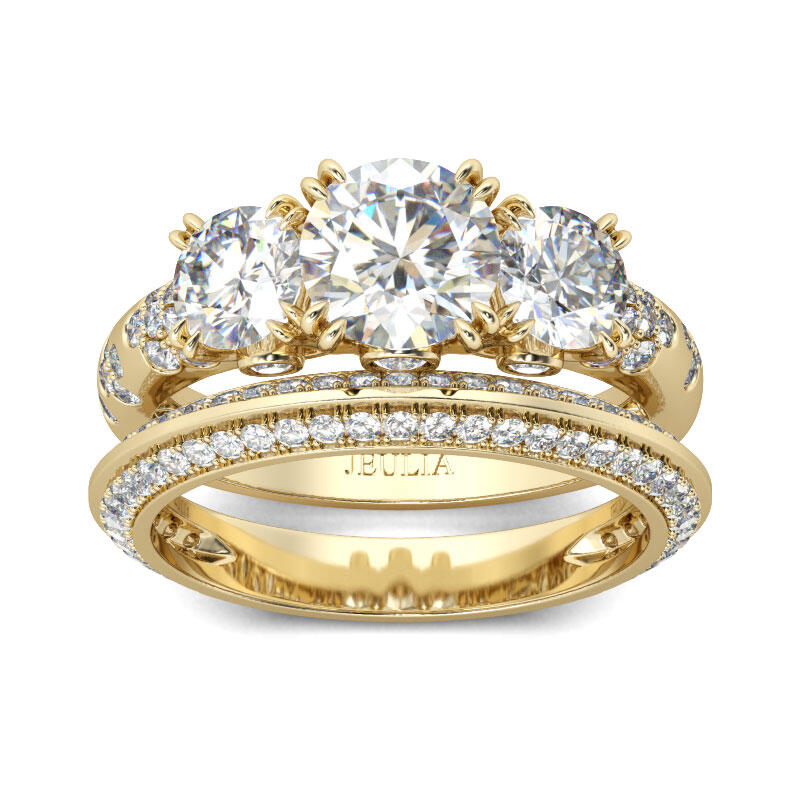 Jeulia Gold Tone Three Stone Round Cut Sterling Silver Ring Set