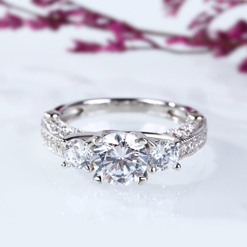 Jeulia Milgrain Three Stone Round Cut Sterling Silver Ring