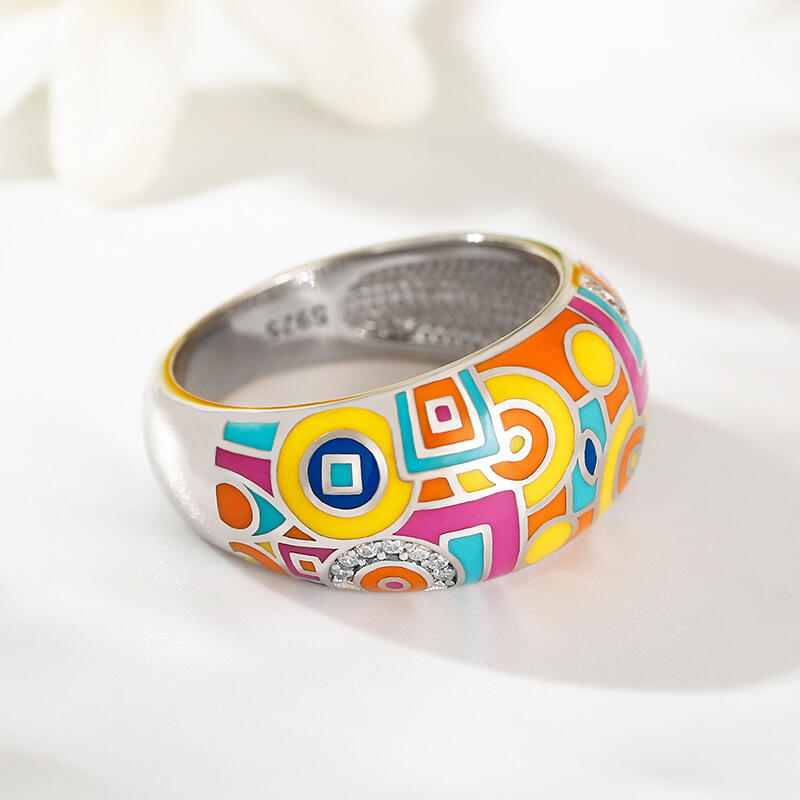Jeulia "Geometrisch" Mehrfarbig Emaille Sterling Silber Damen Ring Bandring