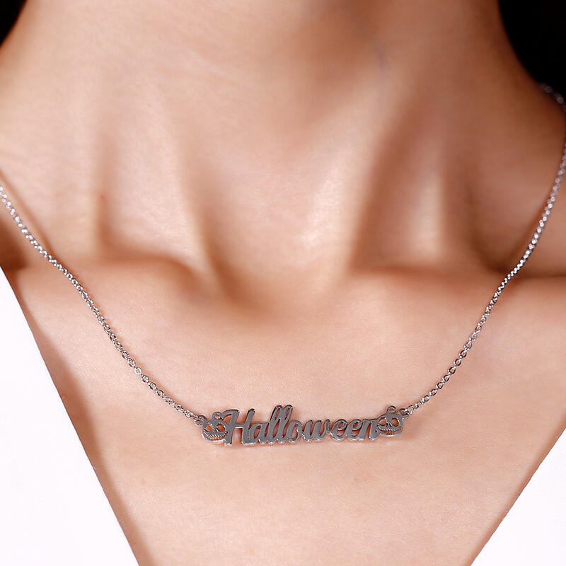 Jeulia "Skull Smiley" Pumpkin Personalized Sterling Silver Name Necklace