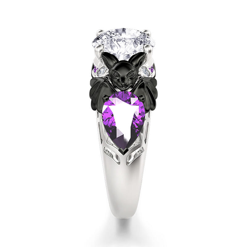 Jeulia Two Tone Black Bat Ring Sterling Silver Round Cut