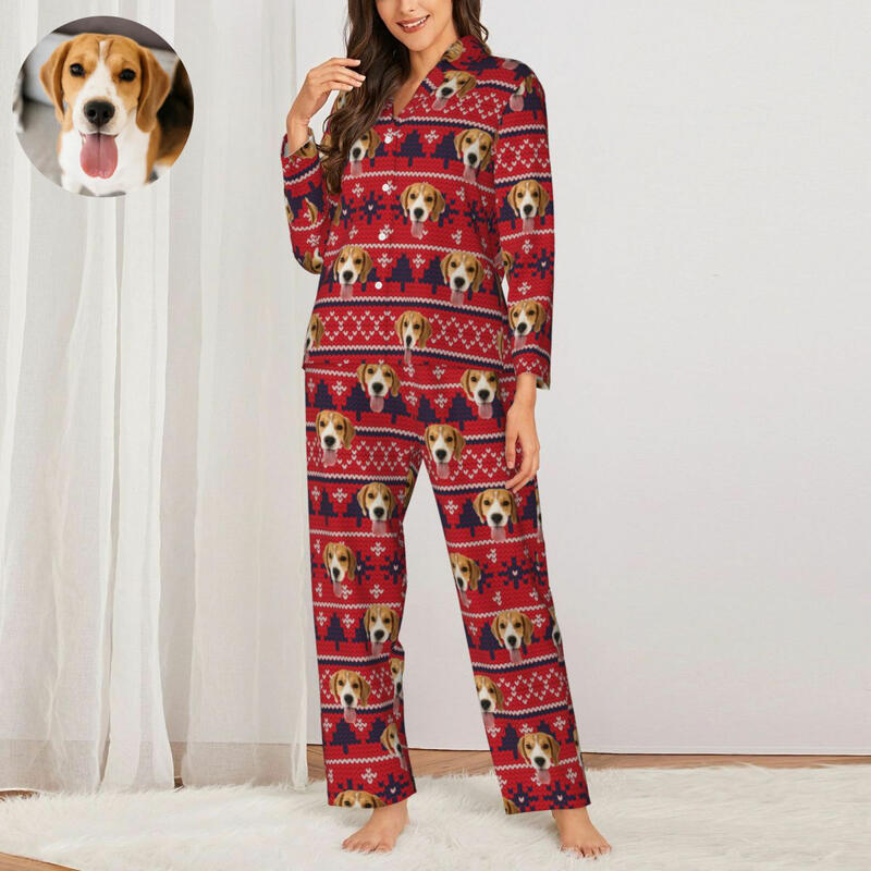 Pyjama personnalisé Photo personnalisée Éléments de Noël Motif de style rouge Cadeau pour la famille