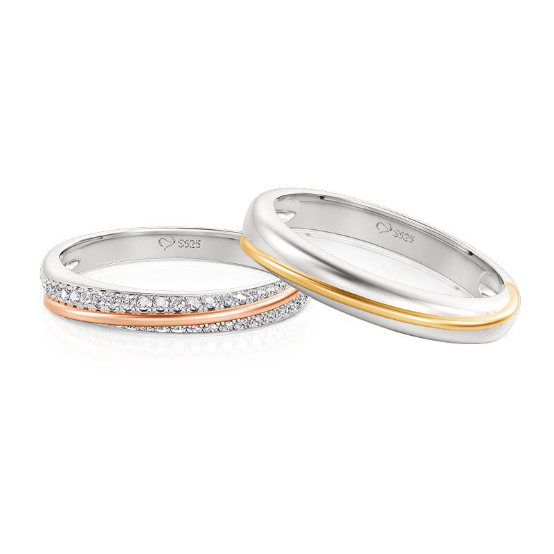 Jeulia Two Tone Slash Couple Ring Set Sterling Silver