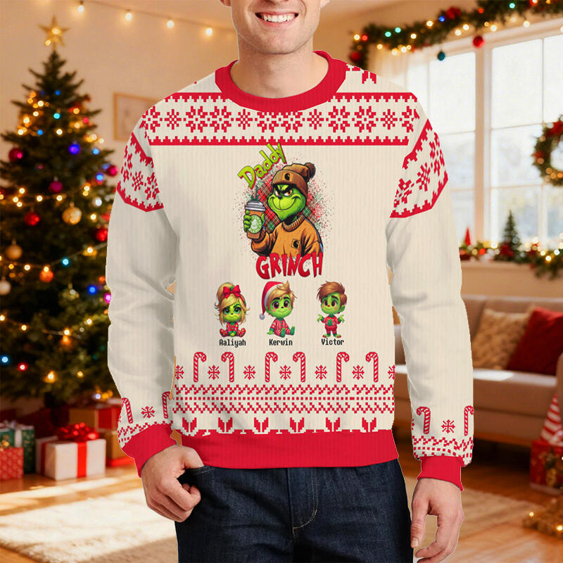 Personalized Ugly Sweater Unisex Daddy Grinch Custom Kids Cartoon Design Perfect Christmas Gift for Father
