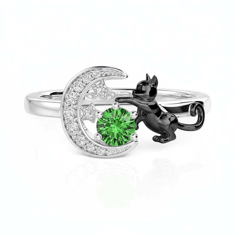 Jeulia Custom Black Cat Moon and Star Ring With Birthstone