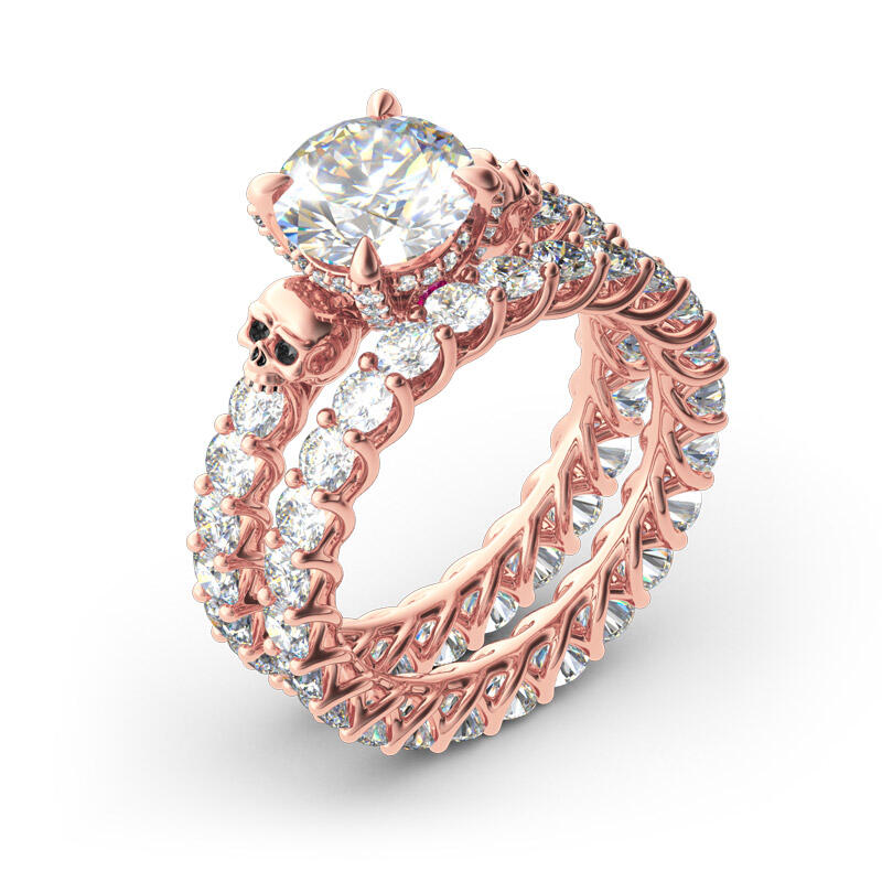 Jeulia Eternity Round Cut Sterling Silver Skull Ring Set