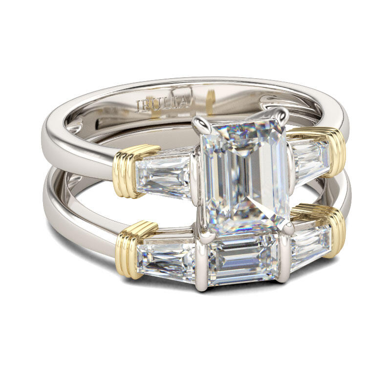 Jeulia Three Stone Emerald Cut Sterling Silver Ring Set
