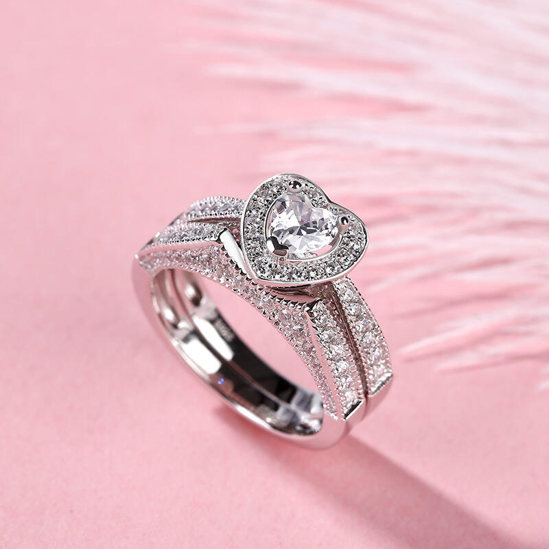 Jeulia Halo Heart Cut Sterling Silver Ring Set