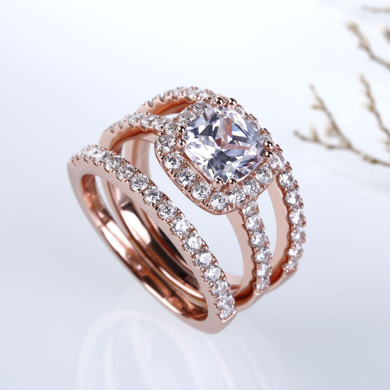 Jeulia 3PC Rose Gold Tone Halo Cushion Cut Sterling Silver Ring Set