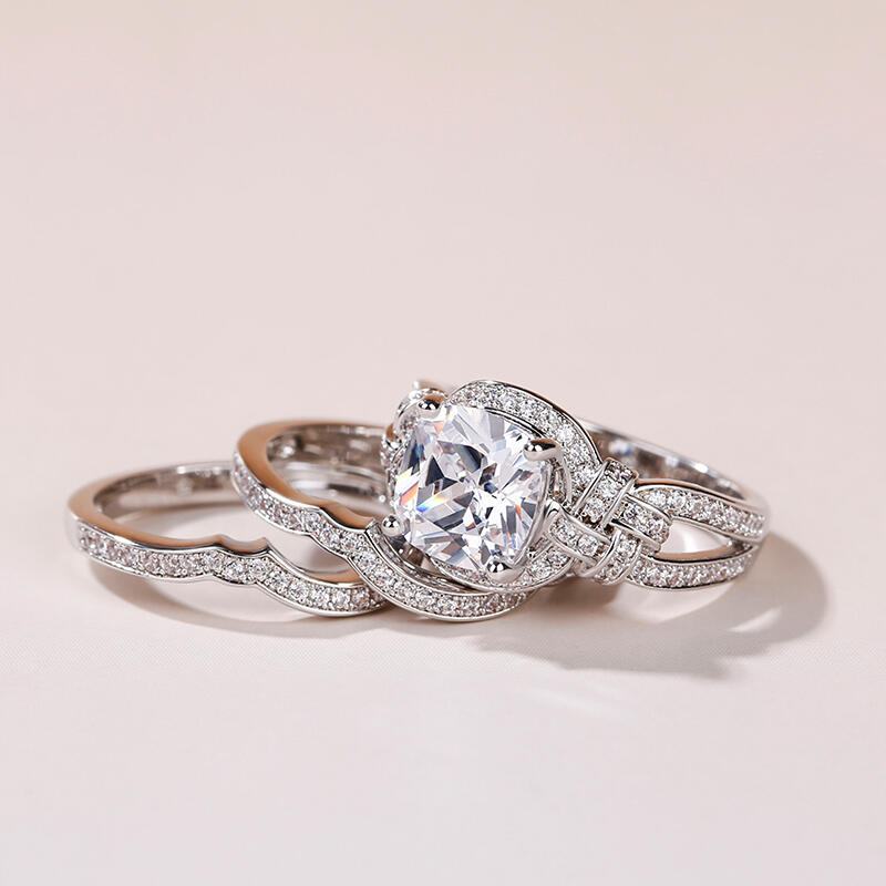 Jeulia 3PC Knot Design Cushion Cut Sterling Silver Ring