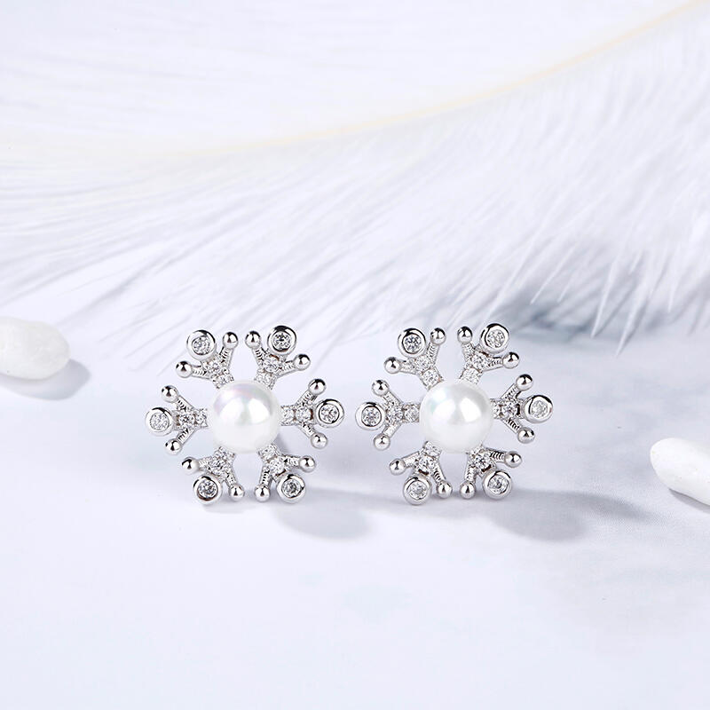 Jeulia Snowflake Cultured Pearl Sterling Silver Stud Earrings