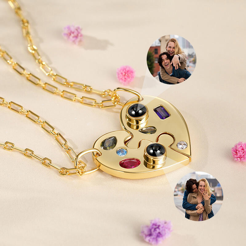 Jeulia Two Half Heart Puzzle Personalized Photo Projection Sterling Silver Necklace