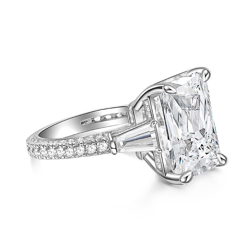 Jeulia Three Stone Emerald Cut Sterling Silver Engagement Ring