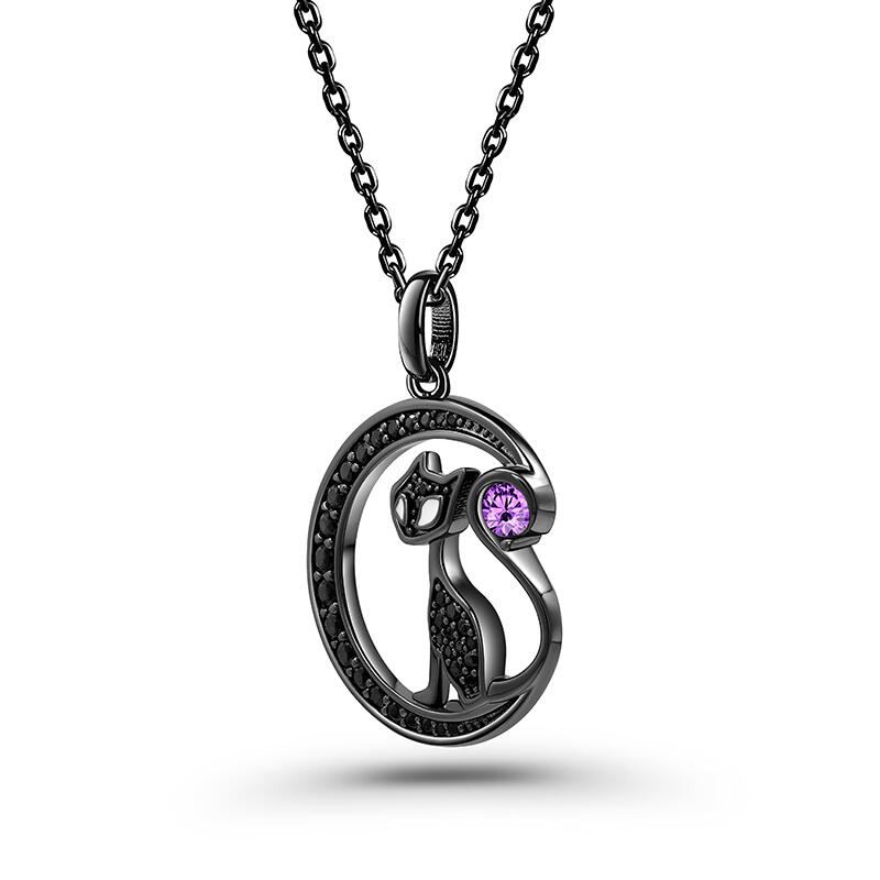 Jeulia "Black Cat on the Moon"Custom Birthstone Necklace