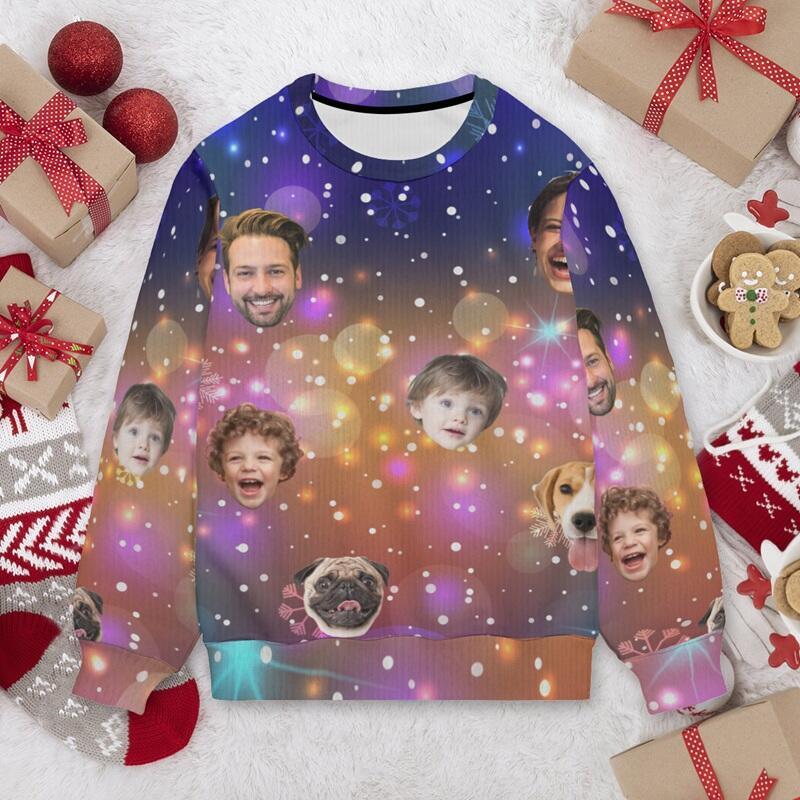 Personalized Ugly Sweater Unisex Custom Face Photo Dreamy Lights Design Perfect Christmas Gift for Family