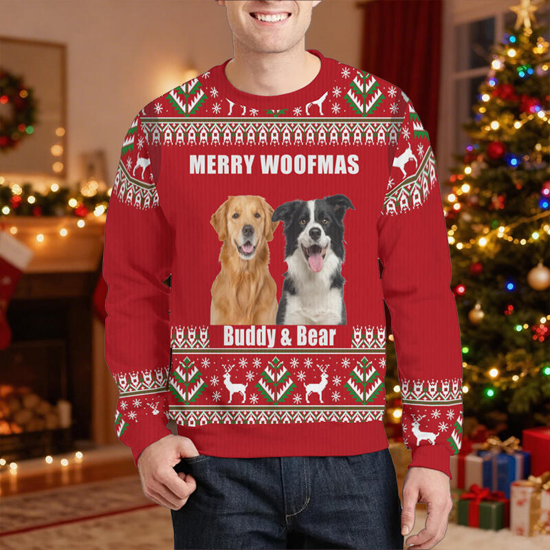 Maglione brutto personalizzato unisex Merry Woofmas con foto personalizzate del tuo cane design carino regalo di Natale per gli amanti degli animali domestici