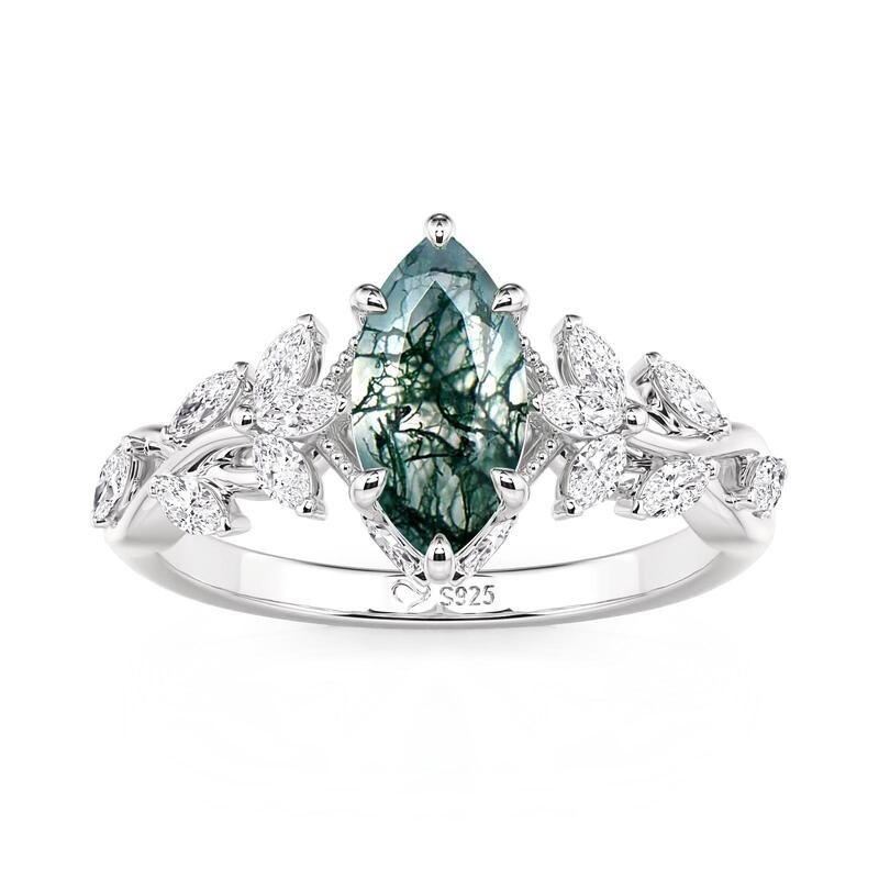 Jeulia Twist Marquise Cut Moss Agate Engagement Ring